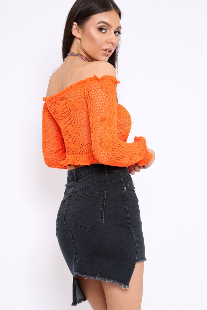 Orange Bardot Ruffle Hem Crochet Top - Byrdie-Crop Tops