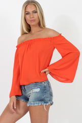 Orange Bardot Three Quarter Bell Sleeve Crop- Chantelle-Dresses