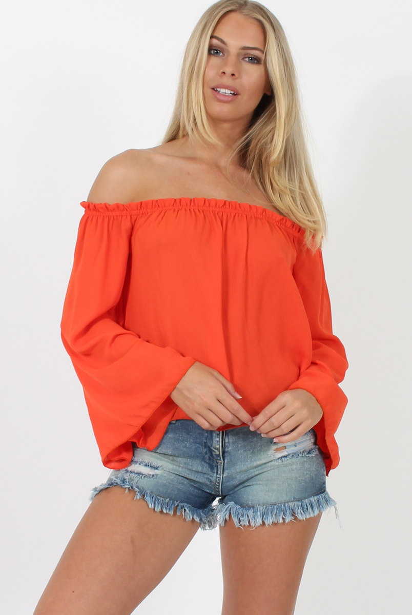 Orange Bardot Three Quarter Bell Sleeve Crop- Chantelle-Dresses
