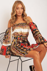 Orange Black Bardot Belted Scarf Print Dress - Kessa-Dresses