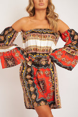 Orange Black Bardot Belted Scarf Print Dress - Kessa-Dresses