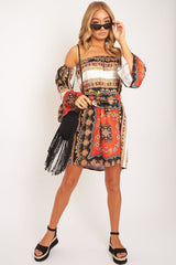 Orange Black Bardot Belted Scarf Print Dress - Kessa-Dresses