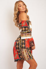 Orange Black Bardot Belted Scarf Print Dress - Kessa-Dresses