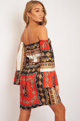 Orange Black Bardot Belted Scarf Print Dress - Kessa-Dresses