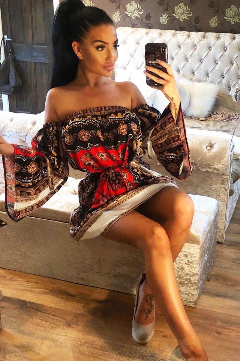 Orange Black Bardot Belted Scarf Print Dress - Kessa-Dresses