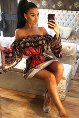 Orange Black Bardot Belted Scarf Print Dress - Kessa-Dresses