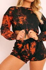 Orange Black Tie Dye Sweatshirt Shorts Loungewear Set - Jessa-Loungewear