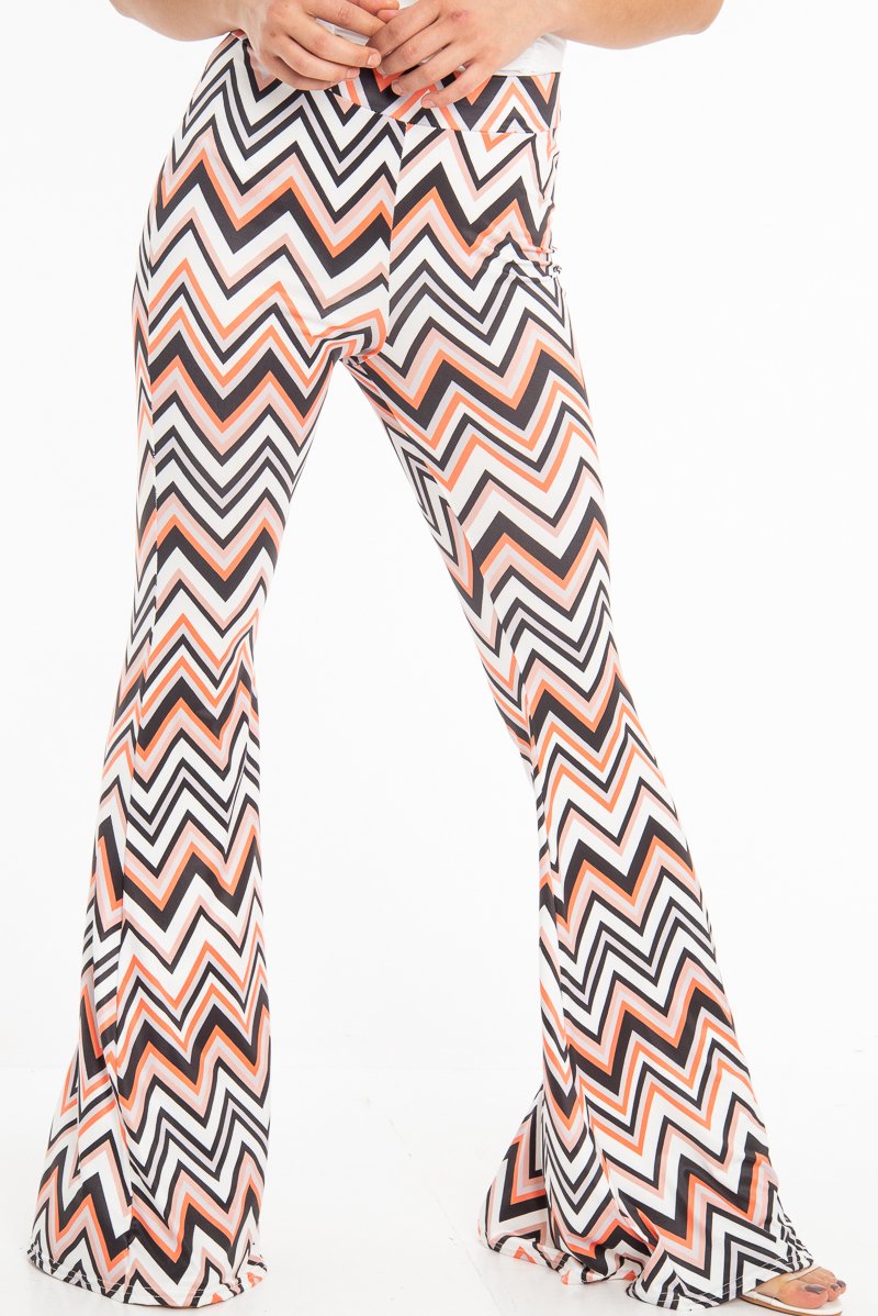 Orange Black and White Zig-Zag Print Flared Trousers - Mianna-Trousers