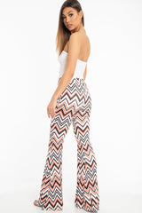 Orange Black and White Zig-Zag Print Flared Trousers - Mianna-Trousers