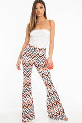 Orange Black and White Zig-Zag Print Flared Trousers - Mianna-Trousers