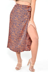 Orange Blue Leopard Print Wrap Skirt - Elloise-Skirts