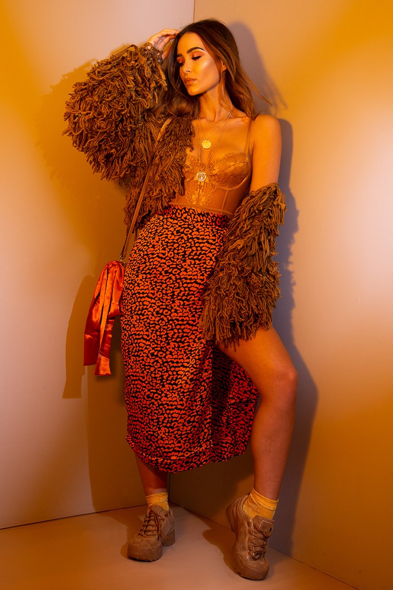 Orange Blue Leopard Print Wrap Skirt - Elloise-Skirts