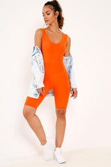 Orange Bodycon Scoop Neck Unitard - Idalie-Jumpsuits
