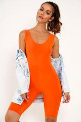 Orange Bodycon Scoop Neck Unitard - Idalie-Jumpsuits