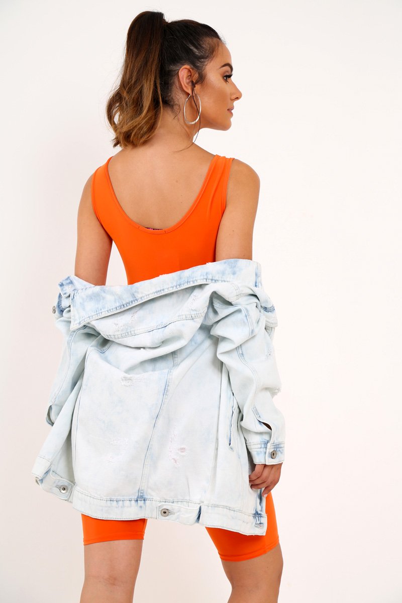 Orange Bodycon Scoop Neck Unitard - Idalie-Jumpsuits