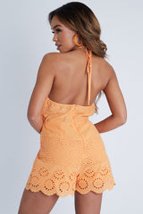 Orange Broderie Anglaise Halter Neck Backless Playsuit - Dalya-Playsuits