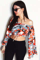 Orange Camo Extreme Flared Sleeved Crop Top - Dalis-Crop Tops