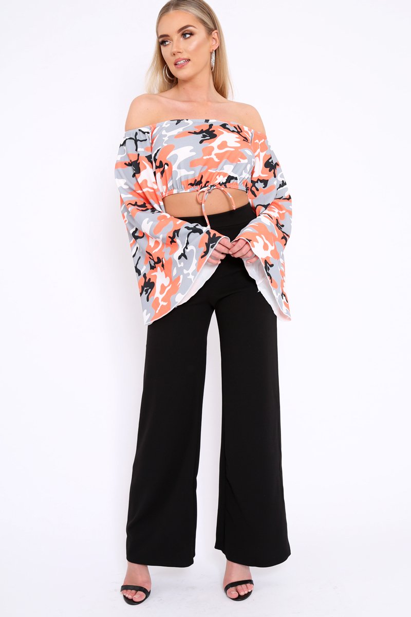 Orange Camo Extreme Flared Sleeved Crop Top - Dalis-Crop Tops