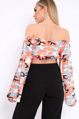 Orange Camo Extreme Flared Sleeved Crop Top - Dalis-Crop Tops