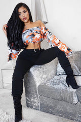 Orange Camo Extreme Flared Sleeved Crop Top - Dalis-Crop Tops