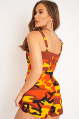Orange Camo Front Zip Utility Buckle Playsuit - Rosia-Playsuits