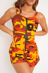 Orange Camo Front Zip Utility Buckle Playsuit - Rosia-Playsuits