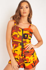 Orange Camo Front Zip Utility Buckle Playsuit - Rosia-Playsuits