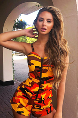 Orange Camo Front Zip Utility Buckle Playsuit - Rosia-Playsuits