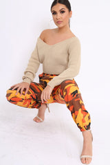 Orange Camo Printed Cargo Trousers - Vivi-Trousers