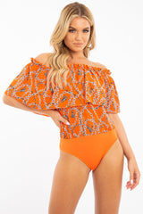 Orange Chain Print Bardot Bodysuit - Peeta-Bodysuits