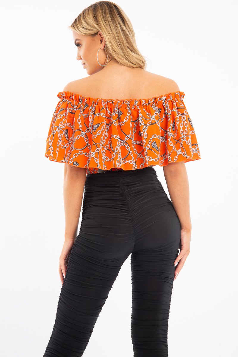 Orange Chain Print Bardot Bodysuit - Peeta-Bodysuits