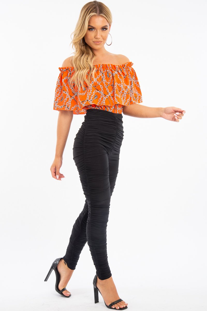 Orange Chain Print Bardot Bodysuit - Peeta-Bodysuits