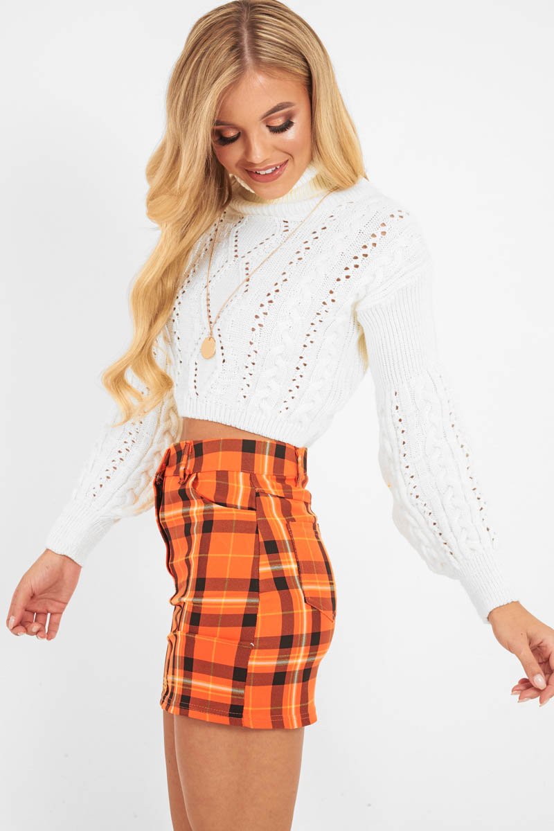 Orange Check High Waist Mini Skirt - Lyra-Skirts