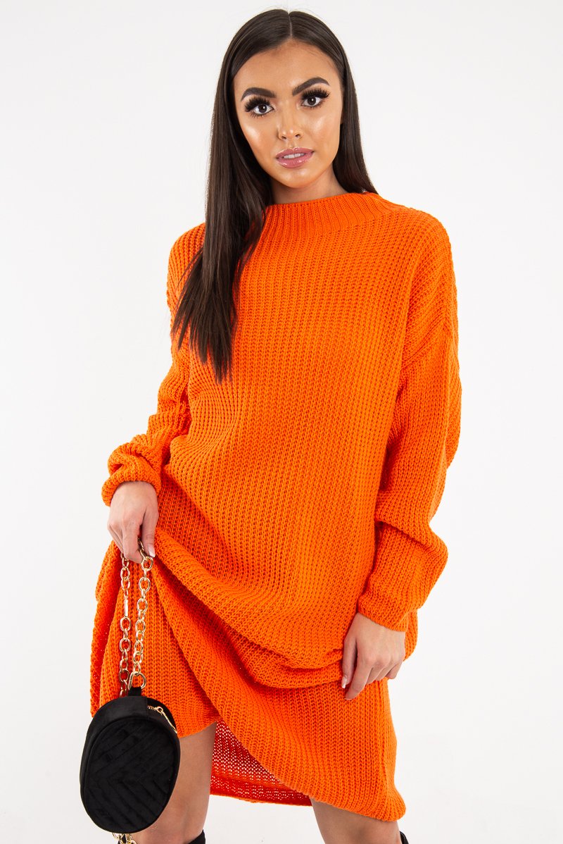 Orange Chunky Knit Slash Neck Jumper Dress - Hessie-Dresses