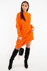 Orange Chunky Knit Slash Neck Jumper Dress - Hessie-Dresses