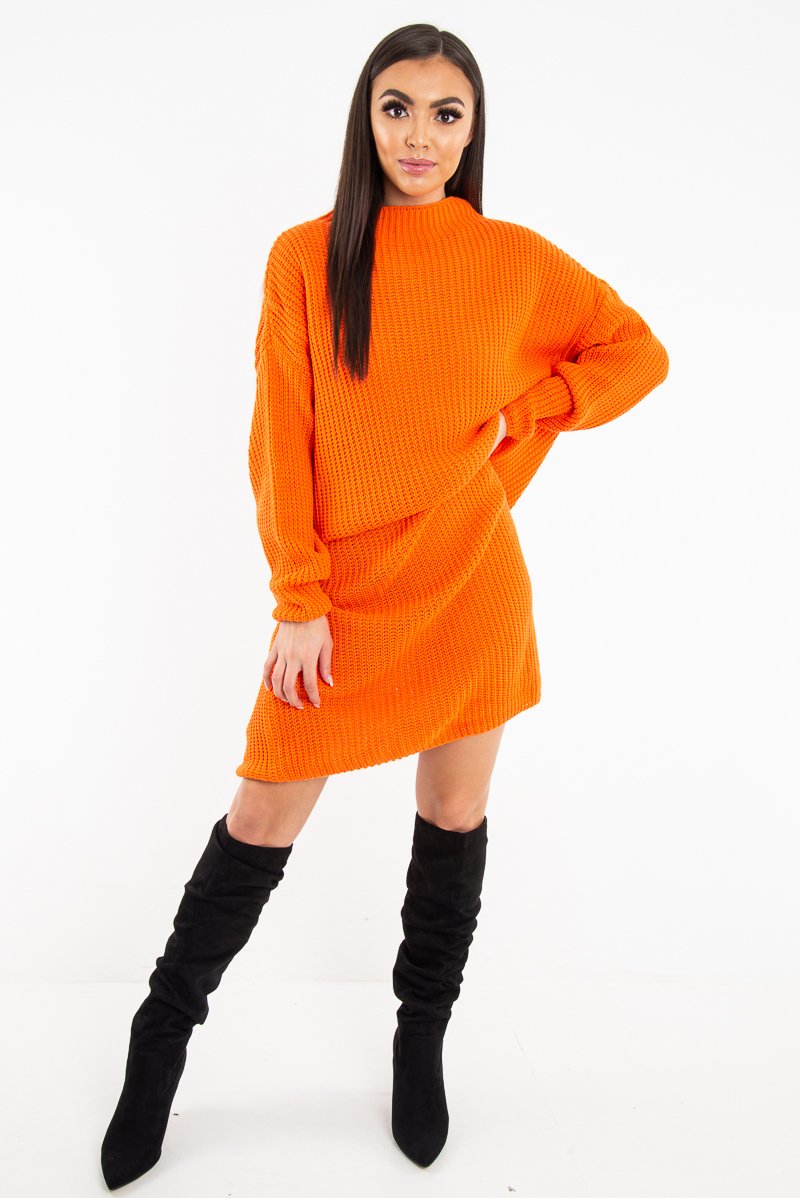Orange Chunky Knit Slash Neck Jumper Dress - Hessie-Dresses