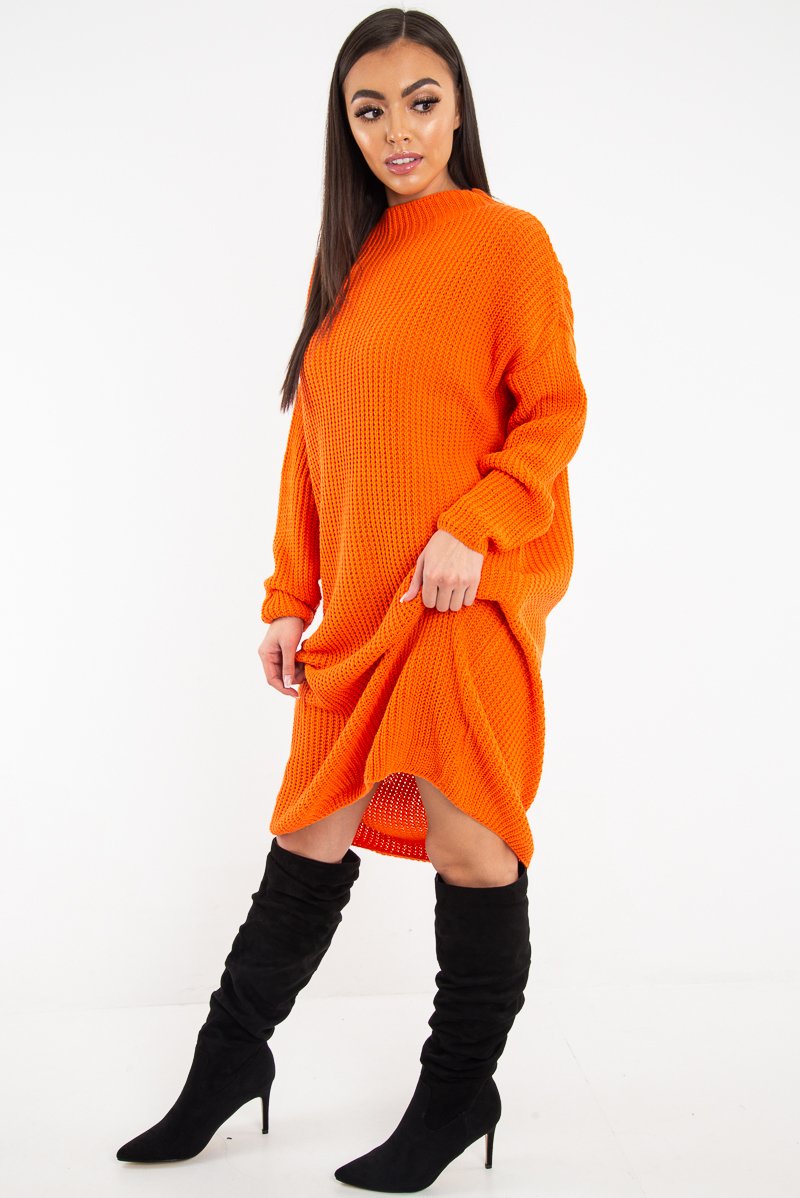 jumper dress orange Orange Chunky Knit Slash Neck Jumper Dress