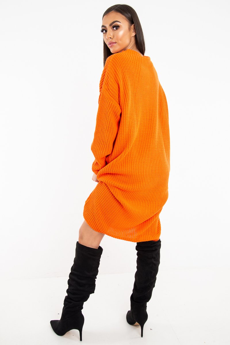 Orange Chunky Knit Slash Neck Jumper Dress - Hessie-Dresses