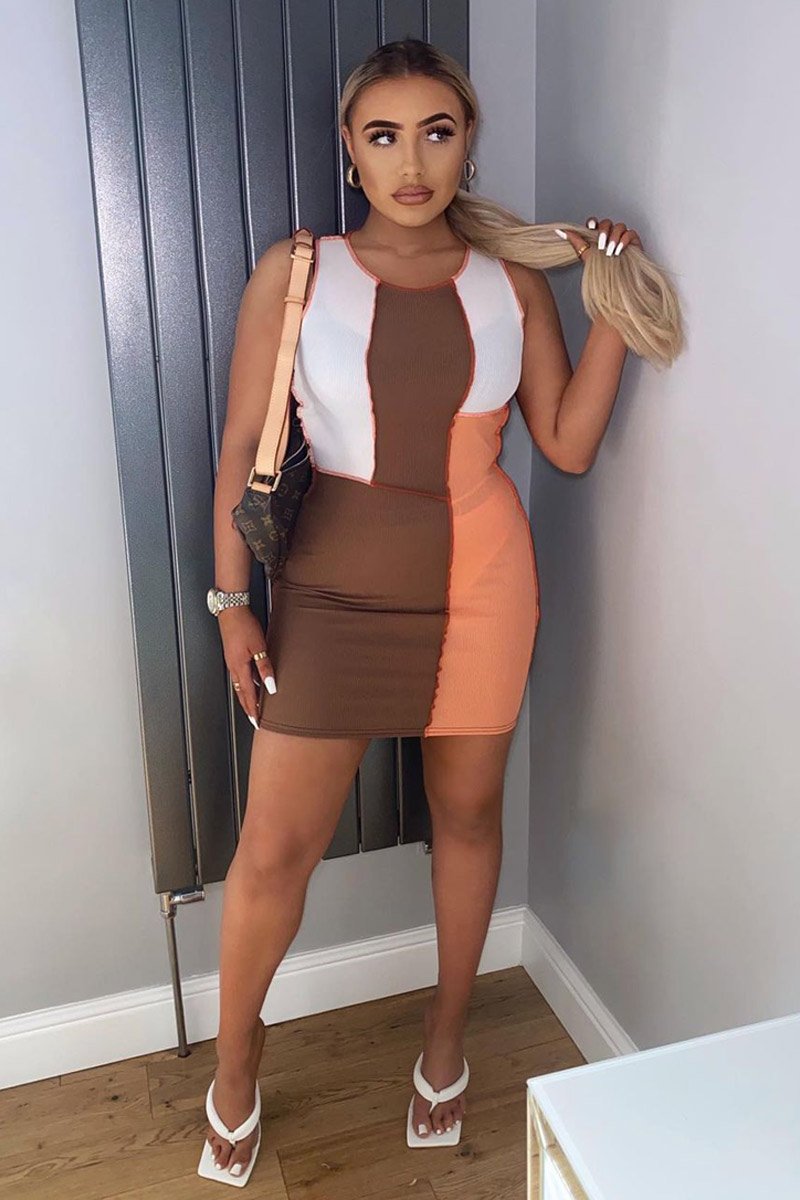 Orange Colour Block Contrast Stitch Mini Dress - Jahlia-Dresses