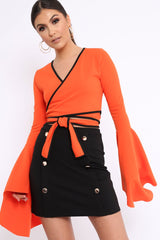 Orange Contrast Trim Tie Front Crop Top - Jaxy-Crop Tops