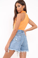 Orange Contrast Zip Front Bodysuit - Odine-Bodysuits