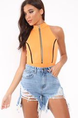 Orange Contrast Zip Front Bodysuit - Odine-Bodysuits