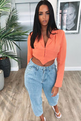 Orange Corset Detail Plunge Blouse - Poppy-Blouse