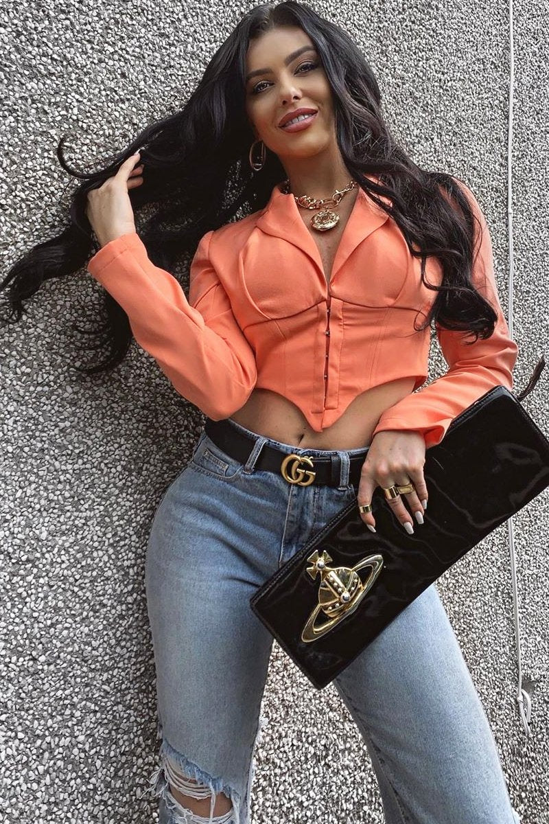 Orange Corset Detail Plunge Blouse - Poppy-Blouse