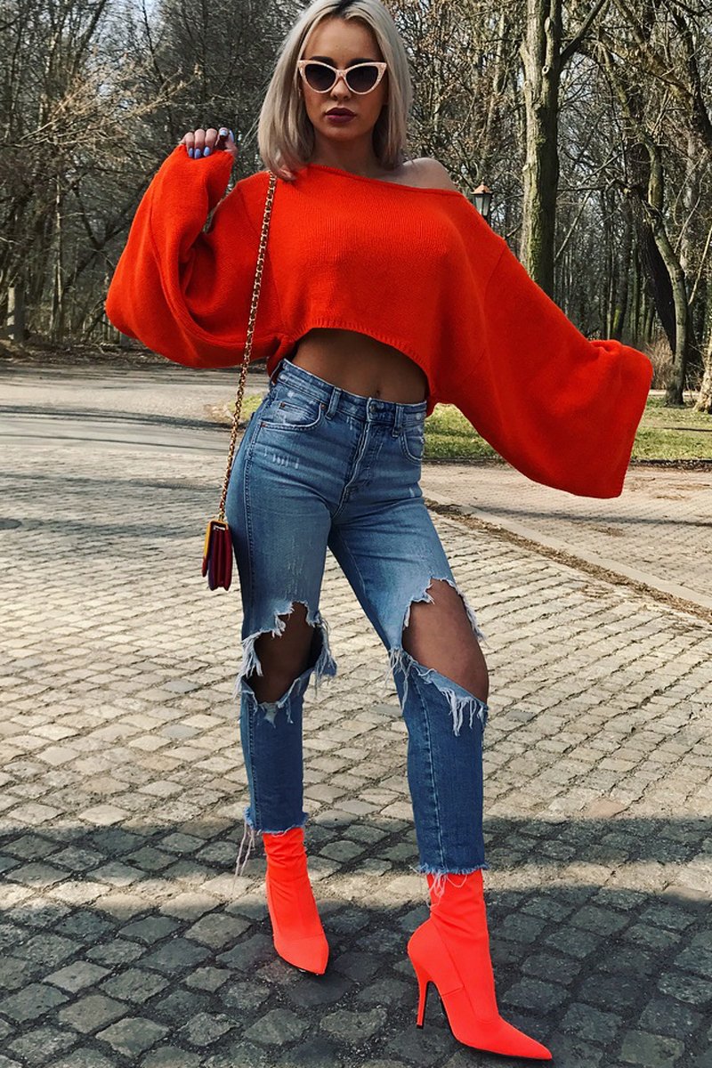 Orange Cropped Batwing Jumper - Carmin-Jumper
