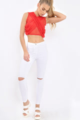 Orange Cross Over Mesh Crop Top - Mayce-Crop Tops