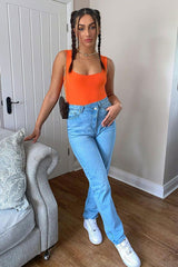 Orange Double Layered Slinky Square Neck Bodysuit - Iriana-Bodysuits