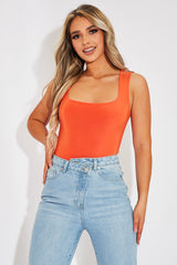 Orange Double Layered Slinky Square Neck Bodysuit - Iriana-Bodysuits