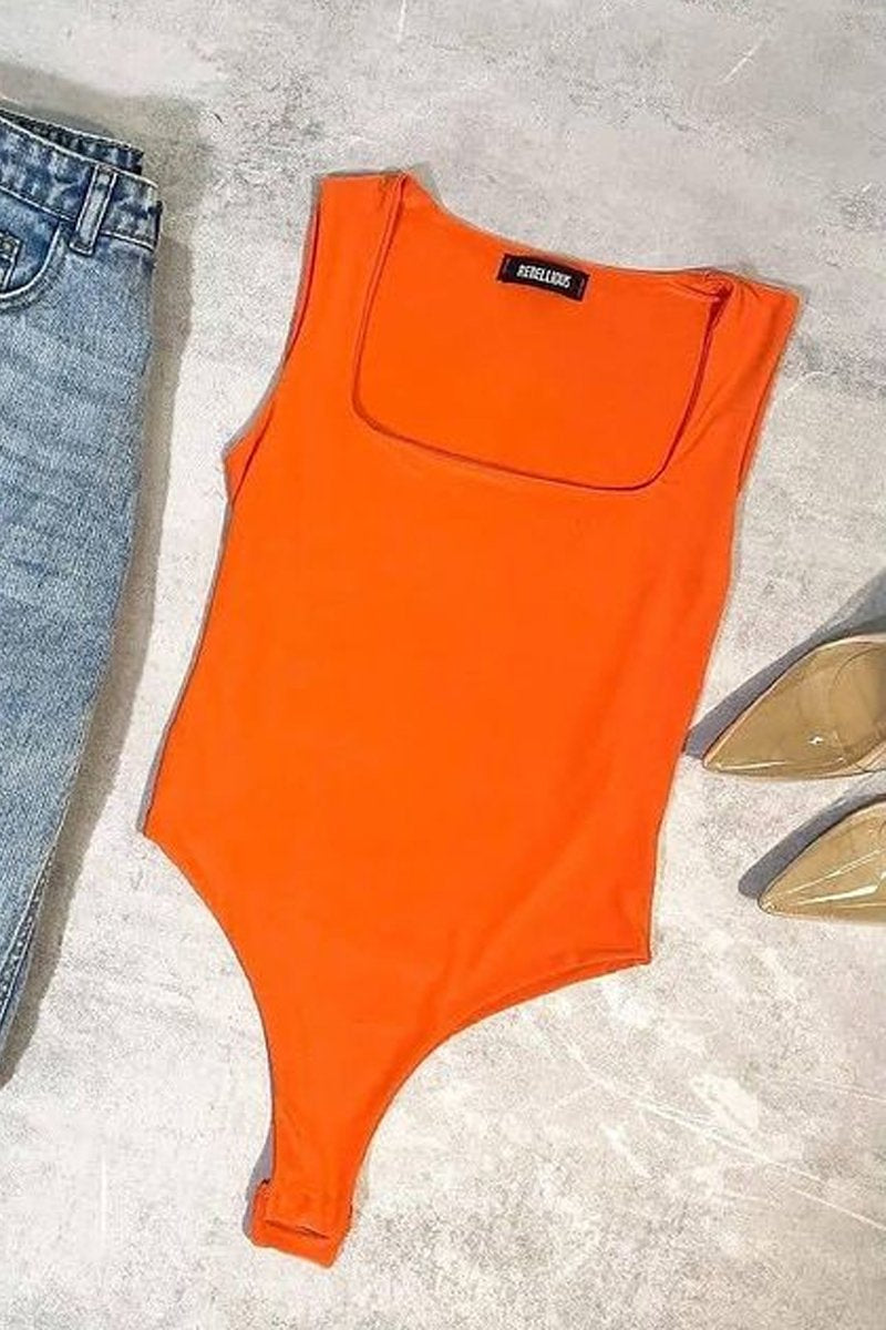 Orange Double Layered Slinky Square Neck Bodysuit - Iriana-Bodysuits