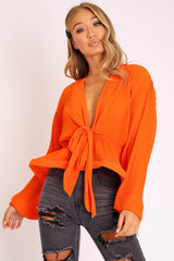 Orange Extreme Plunge Structured Peplum Pleated Top - Ivy-Tops